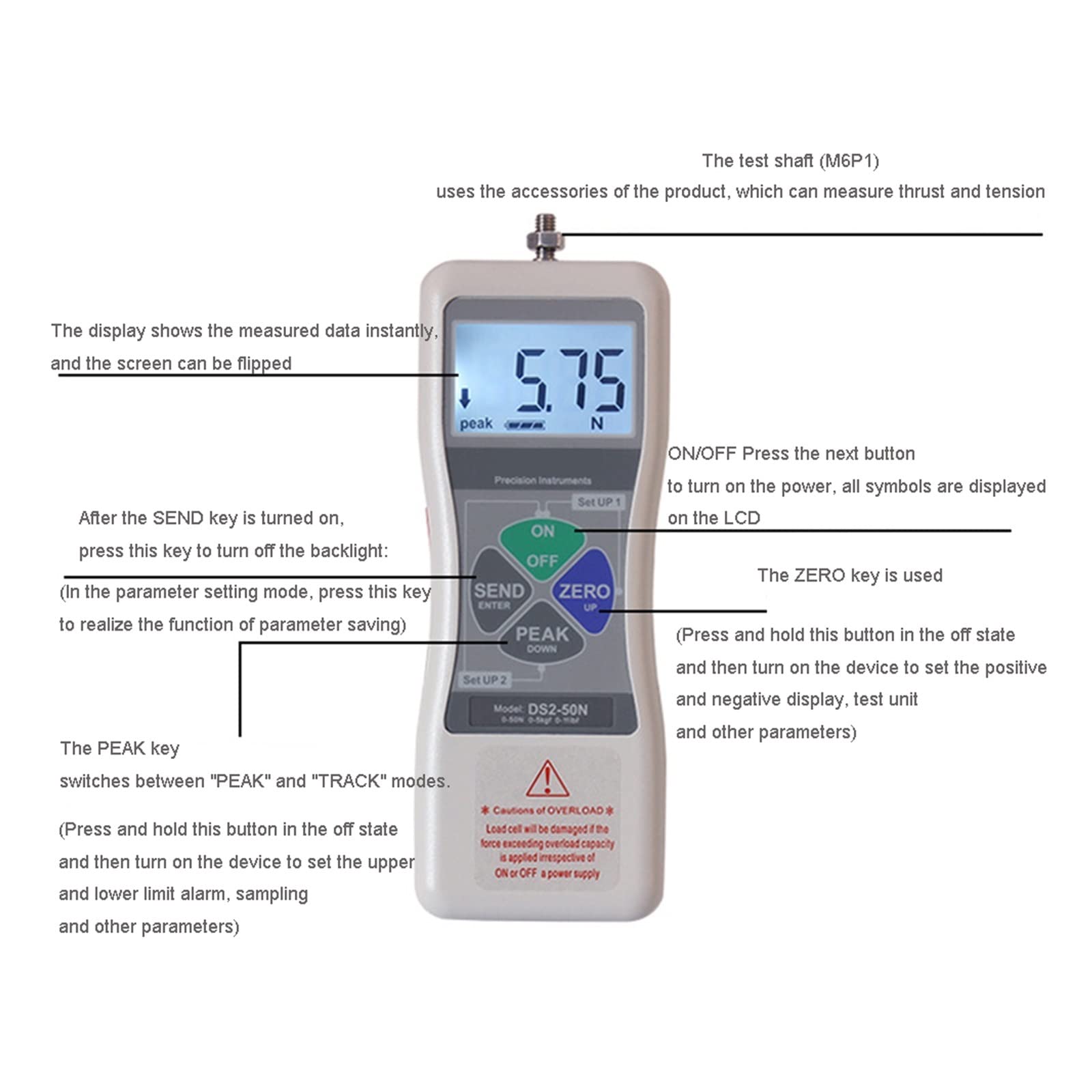 Dynamomètre numérique DS2-S 0-5000N affichage numérique haute précision dynamomètre externe push-pull dynamomètre externe compteur de force de poussée numérique de type S pour l'enseignement en labora