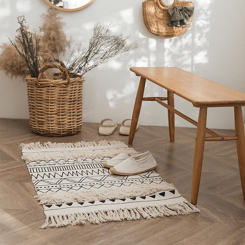 Tapis En Coton Touffeté Lavable Style Rétro Bohème Marocain Avec Pompons - Marron Clair 60 X 90 Cm - Salon, Chambre & Entrée