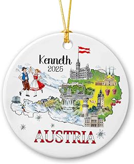 Personalized Austria Austrian Christmas Ceramic Ornament with Symbols, Austria Trip Memories Christmas Ornaments Gifts for Men Women, Customized Name & Year Travel Lover Ornament, Xmas Tree Decor