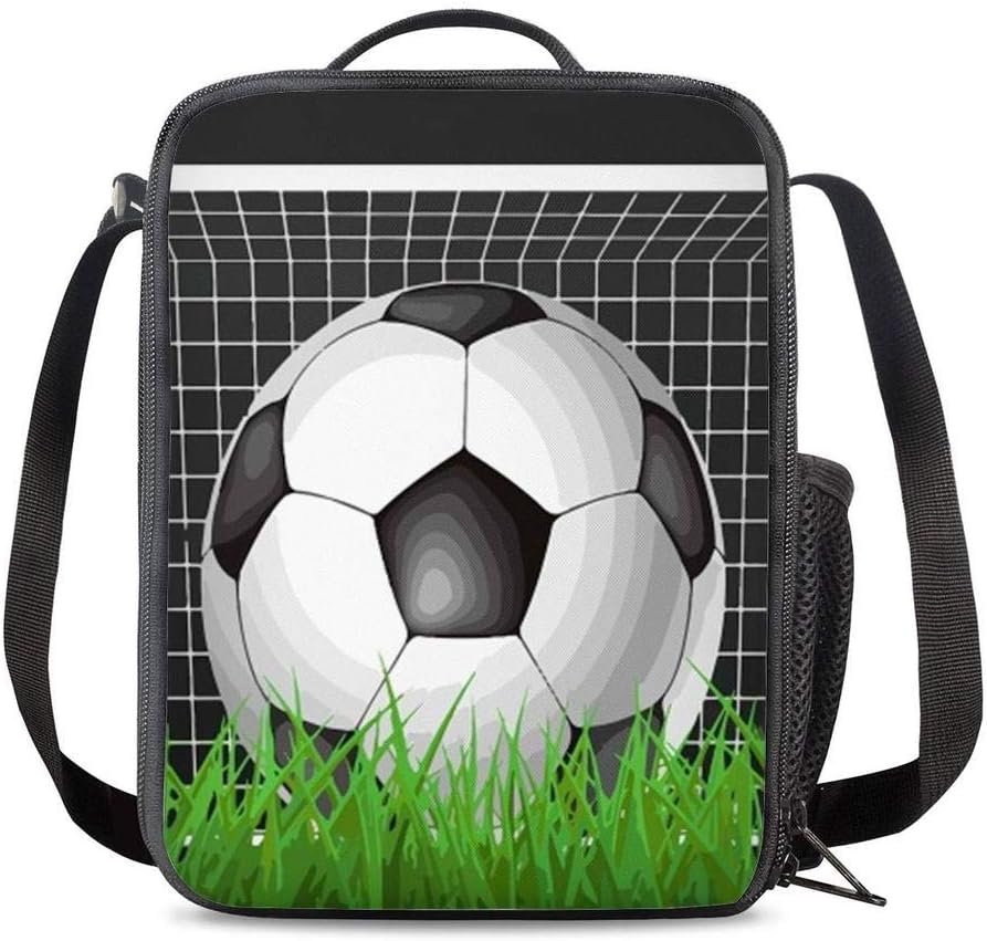 KiuLoam Soccer Box On Green Kids Small Lunch Box Children's Insulated Lunch Bag with Zipper Shoulder Strap Cooler Lunch Tote for Boys Girl Preschool Office Picnic