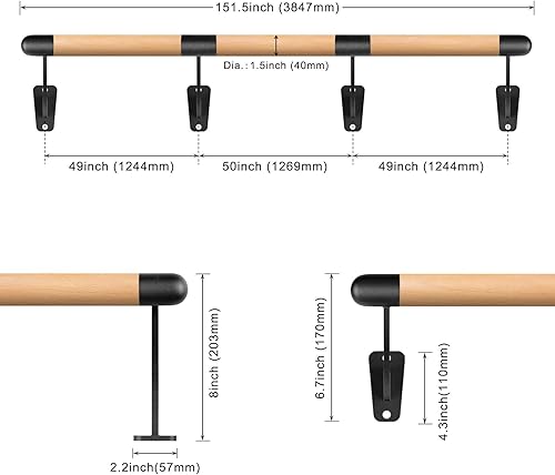 Miniatura 5 de SELEWARE Barre de ballet de madera de 4 a 12 pies de largo, sistema de barra de montaje en pared para el hogar o estudio, movimientos de barre de