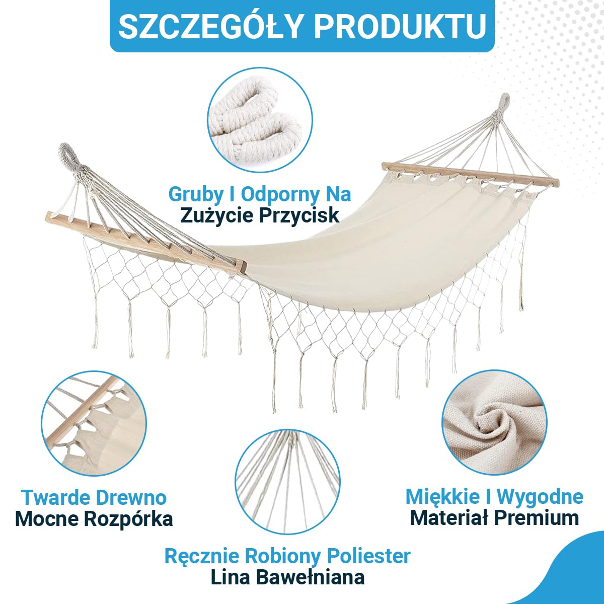 Luksusowy hamak z drążkiem Fleau Goods - Pełen wdzięku frędzle - 100% bawełny - Wygodny - Zawiera materiał do zawieszania i torbę do przenoszenia - 100 x 200 cm