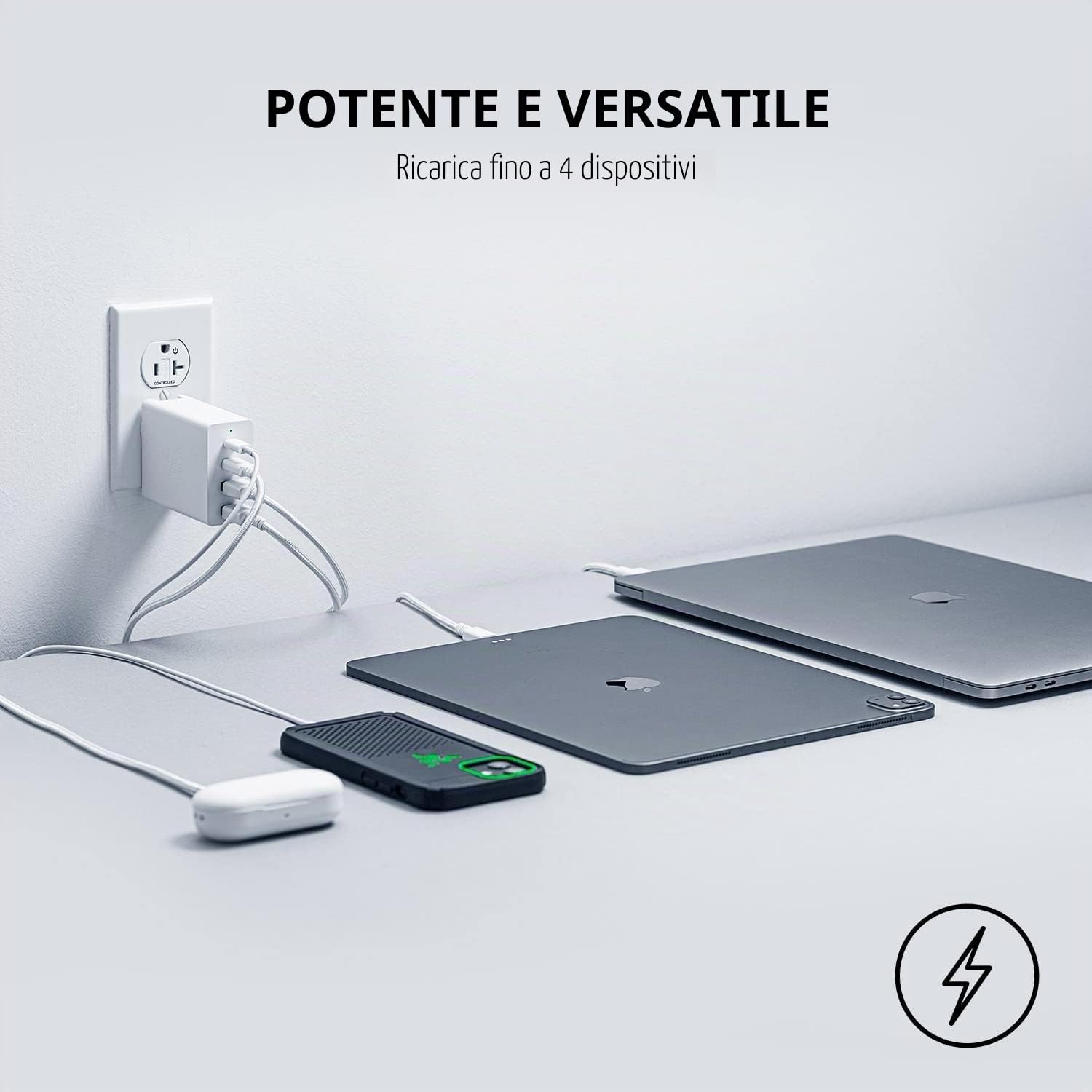 Razer Caricabatterie USB-C GaN - USB-C 130W GaN Charger, Caricatore rapido portatile (2X USB-C, 2X USB-A con porte USA, UE e UK) Bianco