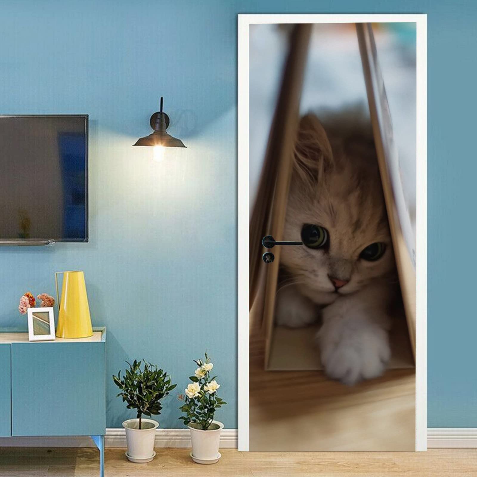 A.Monamour Sticker Porte Autocollant Poster De Porte 3D Petit Chat Chaton Moelleux sur Un Thème Animal De Fond Gris Vinyle Affiche De Porte Sticker Mural Papier Peint Art Décor 90 x 200