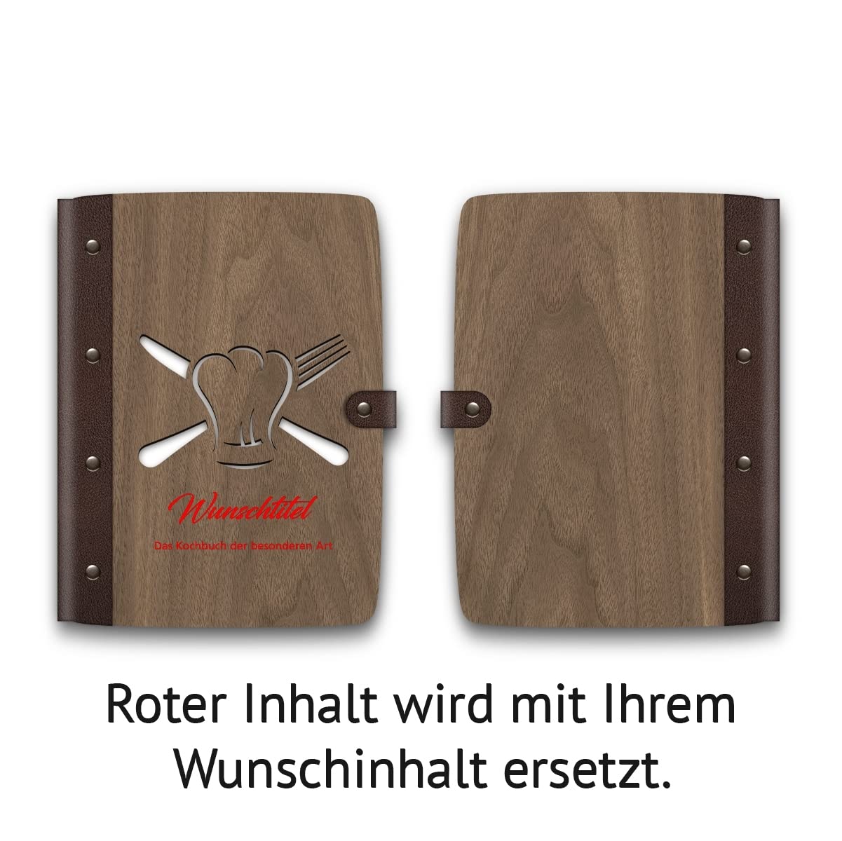 Kartenmachen.de Personalisiertes Rezeptbuch, Kochbuch, Notizbuch Holzcover mit Echtleder Rücken 72 Blatt | 144 Seiten A5 hoch 158x222mm Nussbaum Amerikanisch - Kochmütze