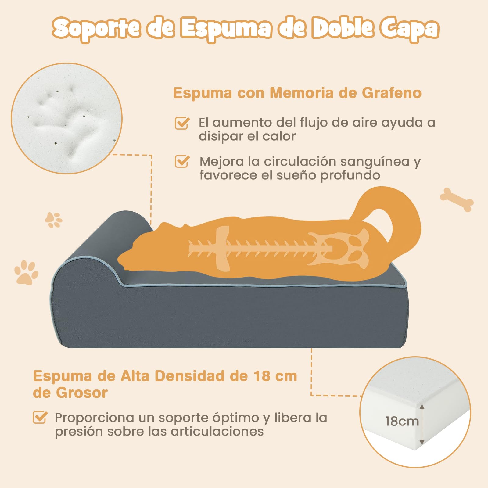 COSTWAY Cama Perro Grande, 100x81x31 cm, Cama Ortopédica para Perros con Espuma de Memoria y Reposacabezas, Base Antideslizante, Desenfundable y Lavable, Colchoneta Perro Desmontable, Gris