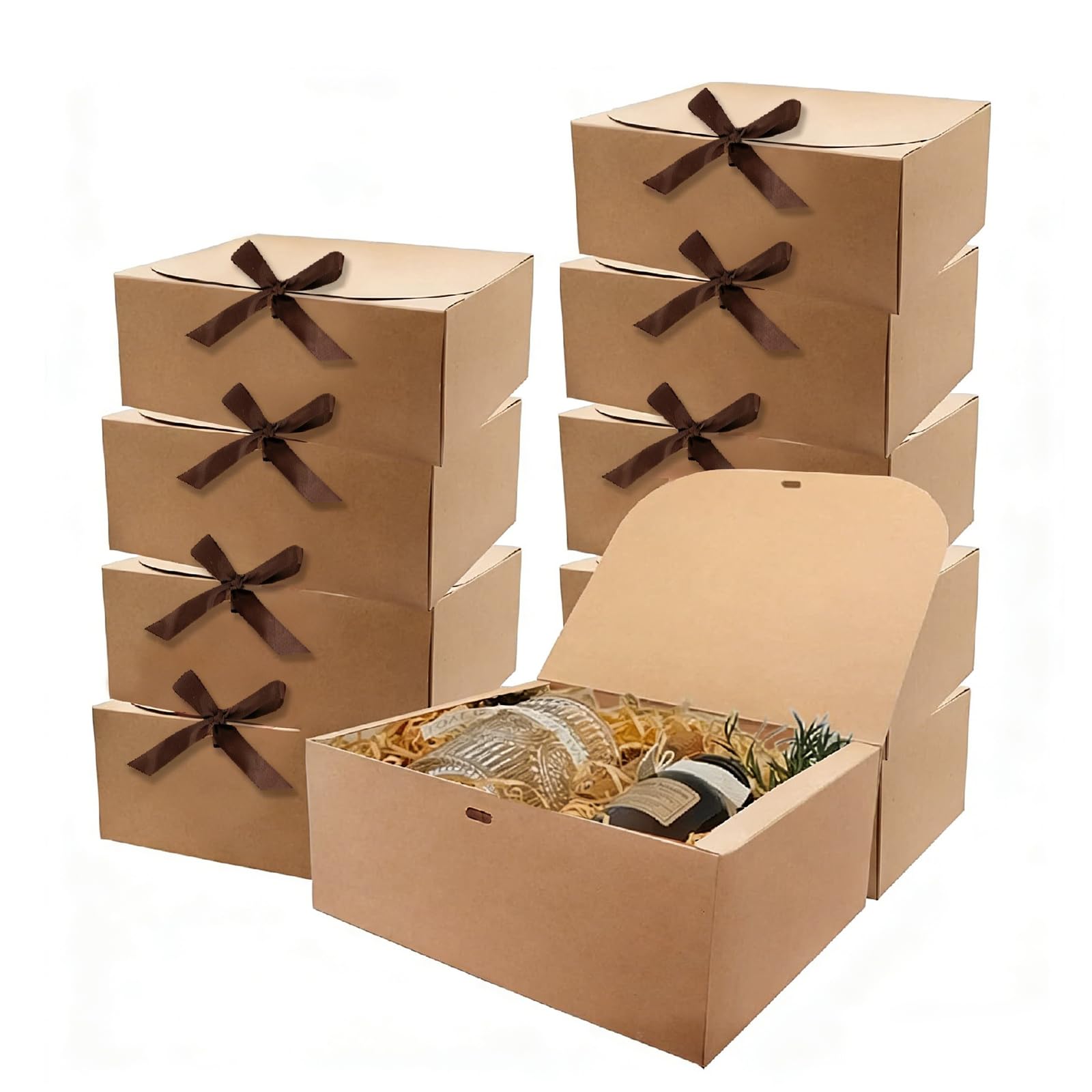 CLKE 10Pcs Brown Gift Boxes with Lids, 16.5 * 16.5 * 5cm, Brown Kraft Cardboard Box Set with Ribbon, for Bridesmaid Proposal Box Birthday Gifts and Party Present Packaging