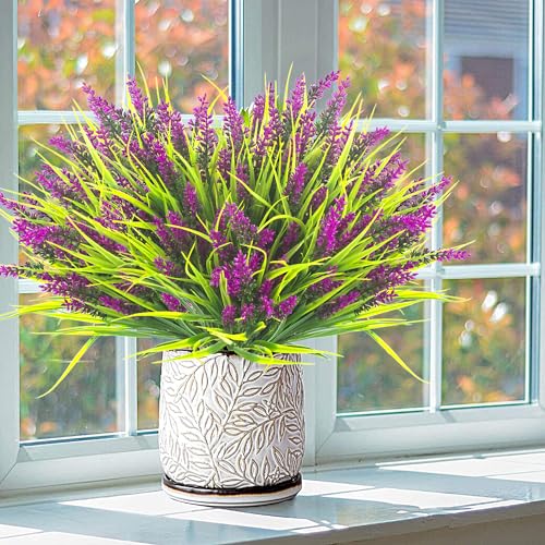 Image of Grunyia 20 Bundles Artificial Plants Outdoor Fake Monkey Grass with Flowers (Fuchsia)
