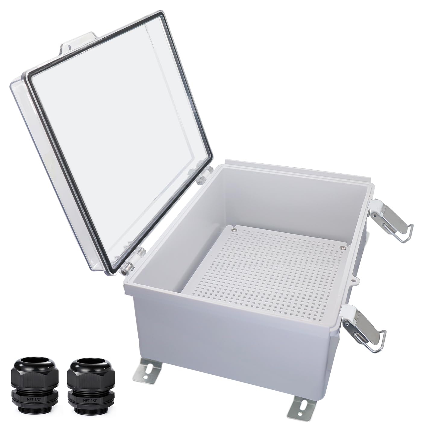 Waterproof Outdoor Electrical Box Junction Box Weatherproof IP67 ABS Plastic Enclosure Switch Router Project Box with Mounting Plate with Wall Bracket 2 Cable Glands Clear 13.8" x 9.8" x 5.9"
