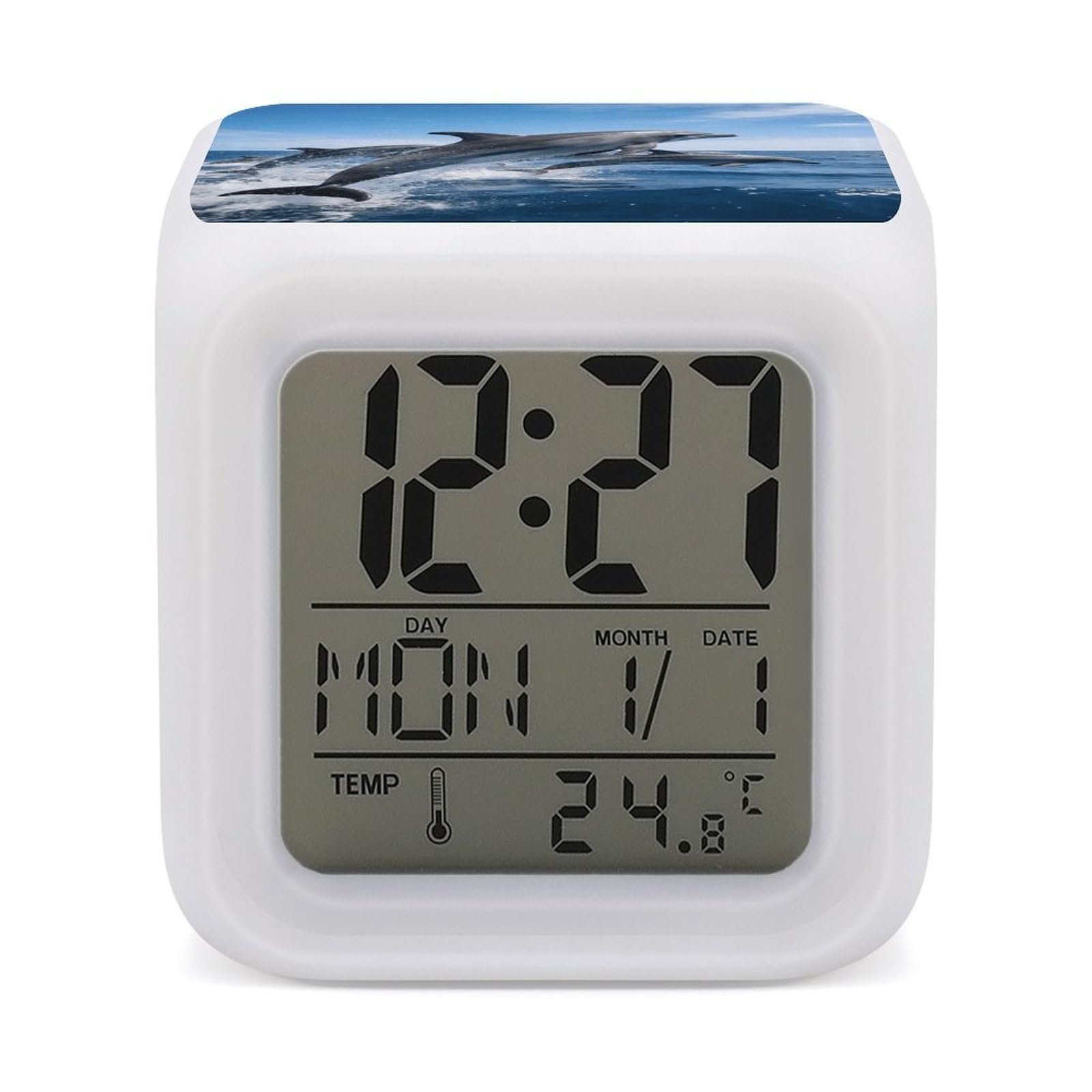 LZQPOEAS Dolphins Alarm Clock with 7 Color Changing Nightlight for Bedroom Calendar Temperature Display Wake Up Digital Clock Small Desk Clocks for Heavy Sleepers Adults