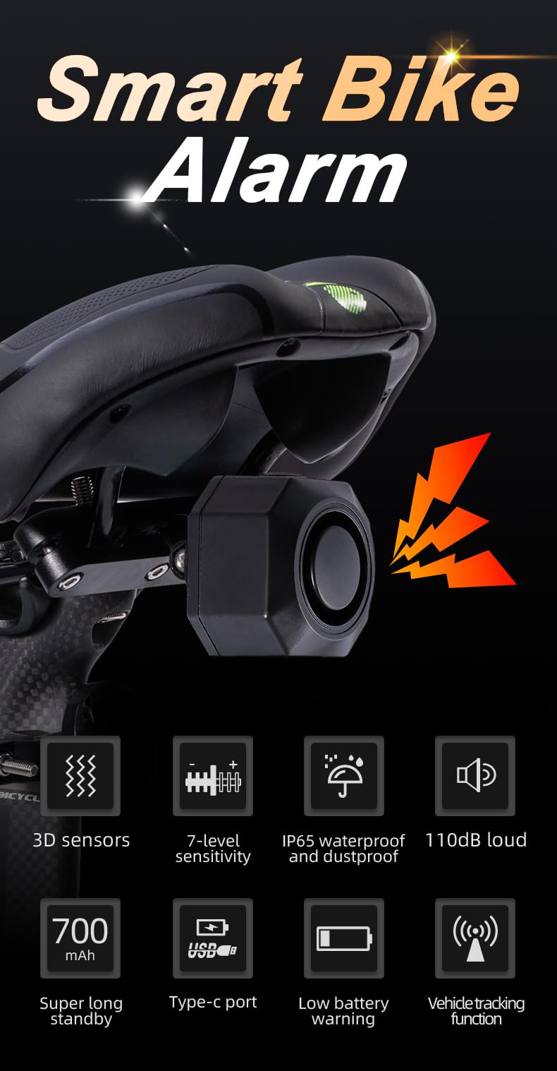 TKMARS 110dB Allarme per Bici con Telecomando, Allarme Antifurto Con Telecomando Per Bicicletta, Moto o Monopattino Impermeabilità IP65 Antiurto per Auto 2 in 1 con Luce,Ricarica USB-C