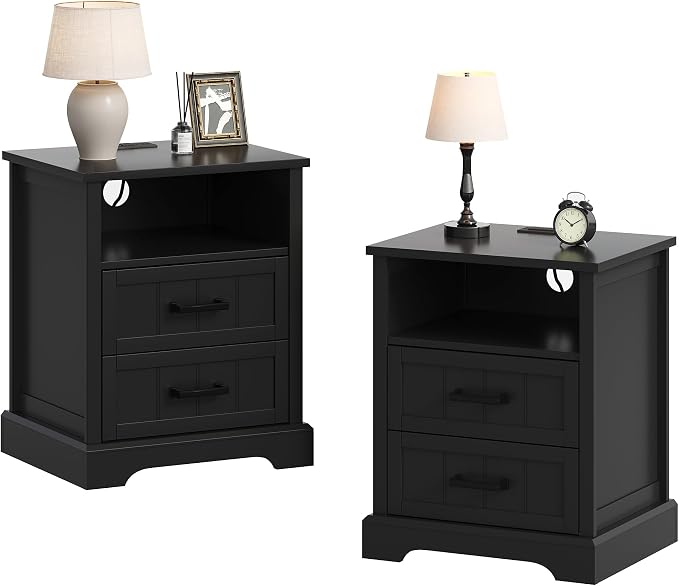 ChooChoo Farmhouse Night Stands with Charging Station, Wood Nightstand Set of 2 with 2 Drawers, Bedside Table with Open Storage Shelf for Bedroom, White