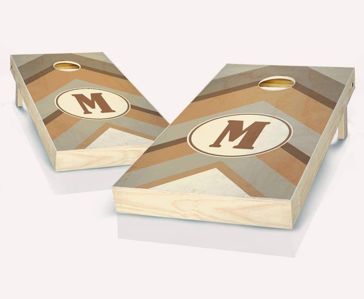 Warm Chevron Monogram Ebony Stained Custom Cornhole Boards