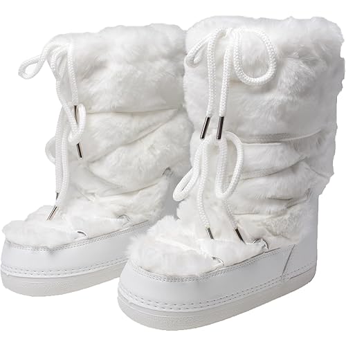 Faux Fur Boots for Women - Fuzzy Fluffy Furry Water Resistant Snow Boots for Women - Anti-Slip with Cotton Sponge Lined and TPR Rubber Sole Black White Fur Boots