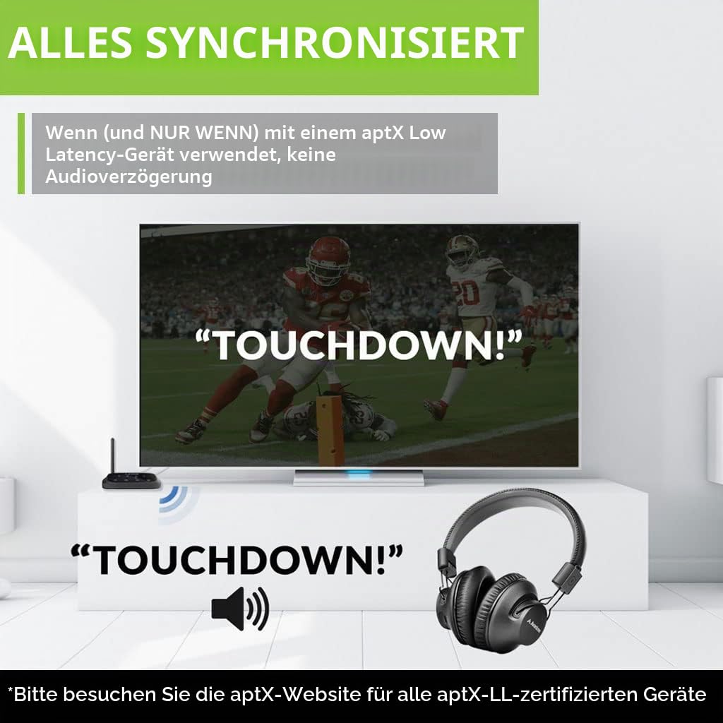 Avantree Oasis Plus aptX HD Low Latency Bluetooth 5.0 Transmitter Sender Empfänger für TV, Drahtloser Audioadapter für Kopfhörer, Bypass-Unterstützung, Große Reichweite, Touchscreen, Sprachanleitung