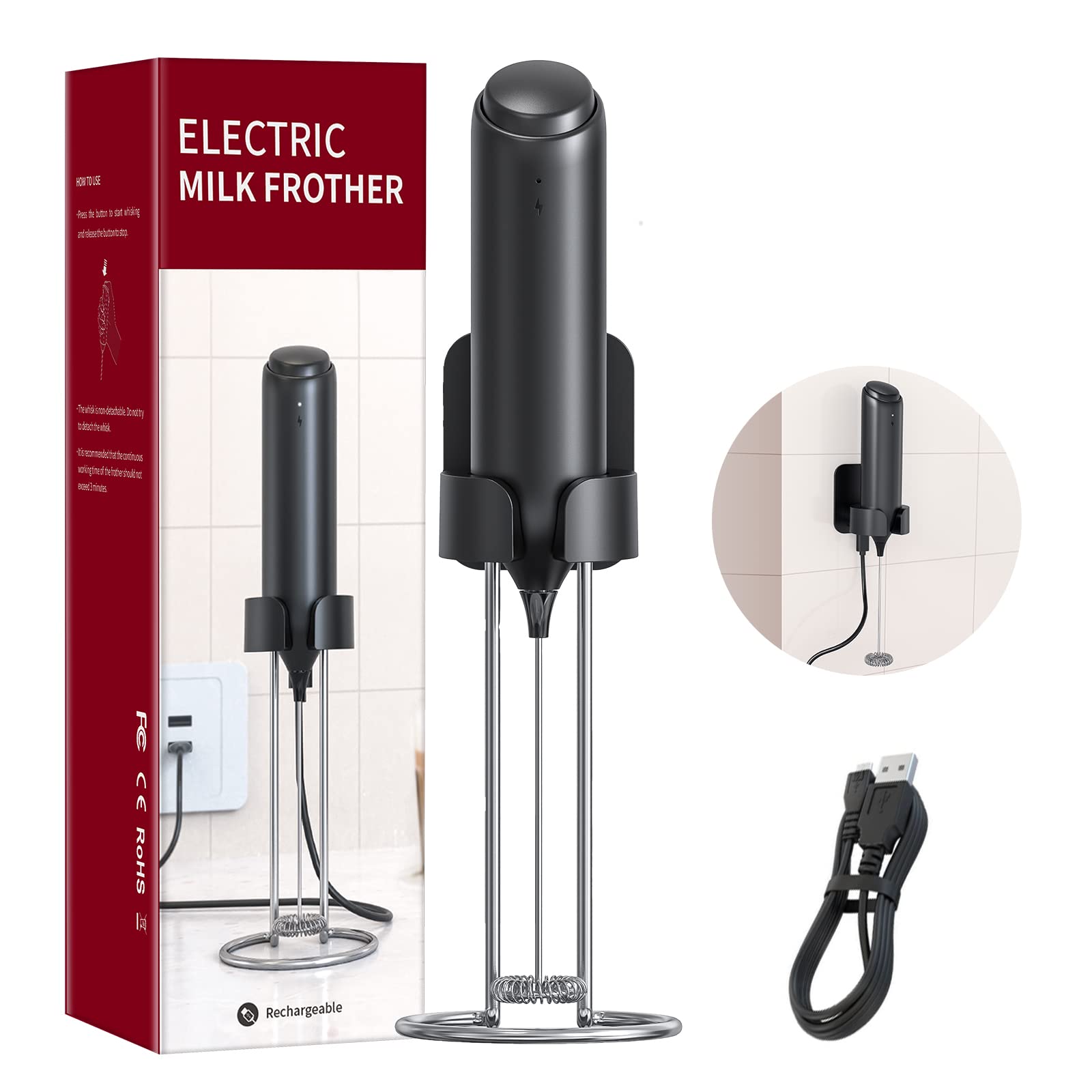 MAEXUSRechargeable Milk Frother Handheld, Electric Milk Frother with Charging Stand Wall Hanging Storage, Electric Whisk Foam Maker for Coffee, Frappe, Matcha, Latte