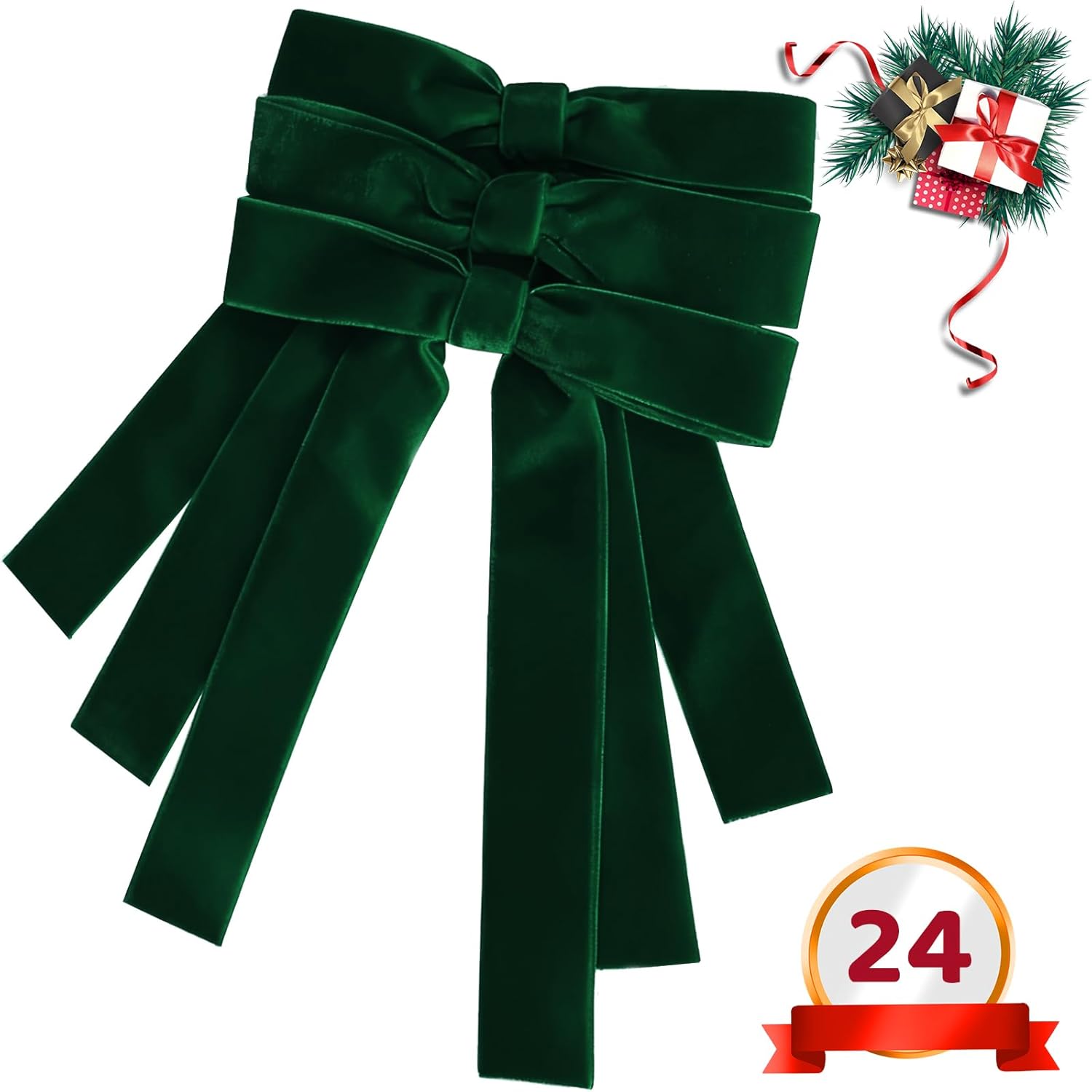 24Pcs Velvet Bows for Christmas Tree, Vintage Velvet Ribbon Bows Wreath Bows Rustic Crafts Gift Bows for Xmas Tree Garland Wreath Holiday Decorations (Green, 5"x7", Width of 1") - Image 6
