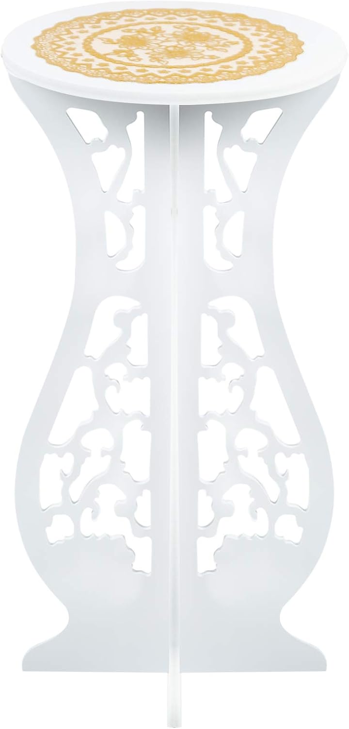Asian Home Beautiful White PVC Board Flower Plant and Vase Stand Display with Intricate Carvings and Gold Ornate Floral Nonslip Mat, Waterproof for Indoor and Outdoor Use (16.5 H x 10 W)