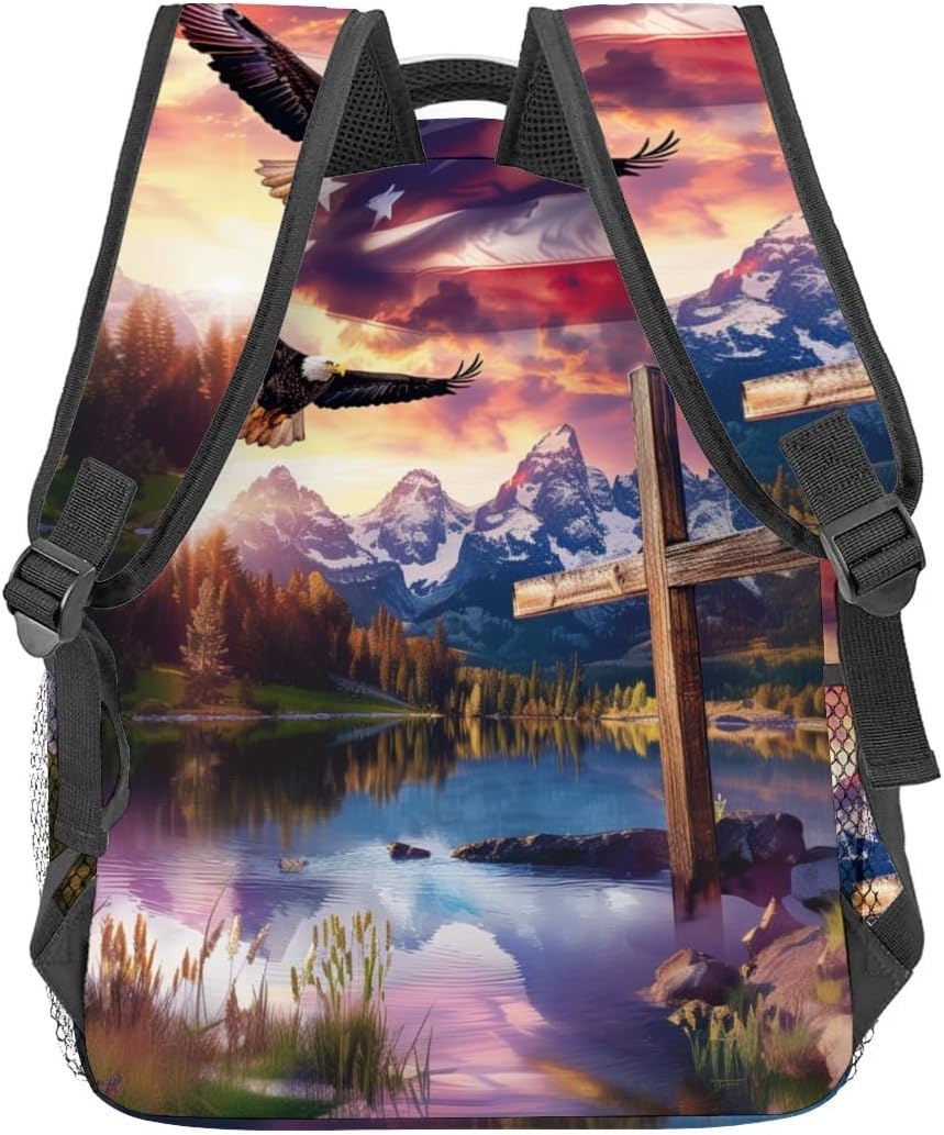 Patriotic Eagle Backpack,American Flag Polyester Backpacks,Lightweight Double Shoulder Back Pack for Adults Teens,Cross Inspirational Bookbag,School Bag Gifts,Casual Travel Daypack Book Packs - Image 5