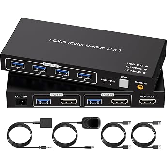 VPFET USB 3.0 KVM Switch HDMI 2 PC 1 Monitors 4K60Hz KVM Switches for 2 Computers Share 1 Monitor Devices Supports Desktop Controller Includes Adapter and 2 USB 3.0 Cables