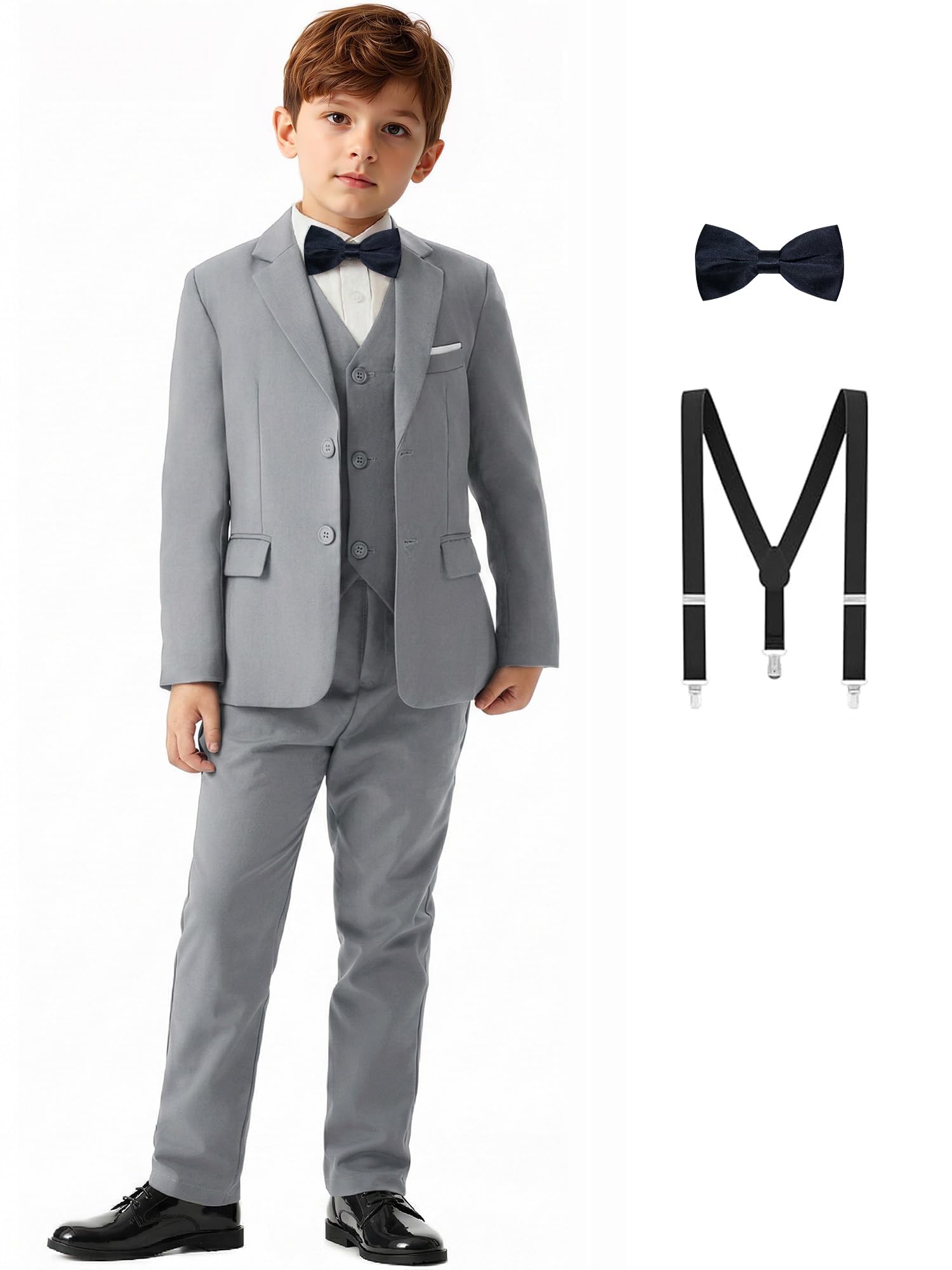 Traje de 5 Piezas Traje de Blazer, Chaleco, Pantalón, Suspensores y Pajarita Ropa de Fiesta de Cumpleaños 4-14 años