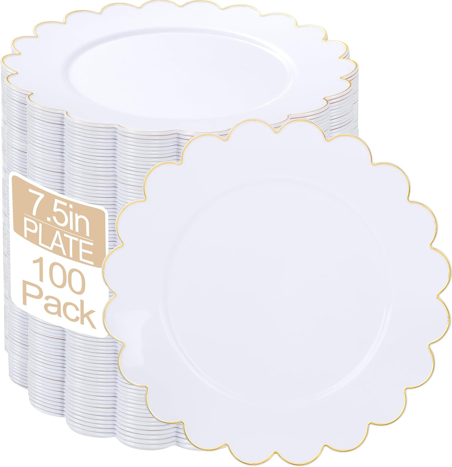 LIYH 100 Pcs White Plates - 7.5" Dessert Plates Disposable Fancy Cake Plate-White with Gold Rim Premium Hard Appetizer Cake Plastic Wedding Plate for Party,Bridal Shower,Birthday