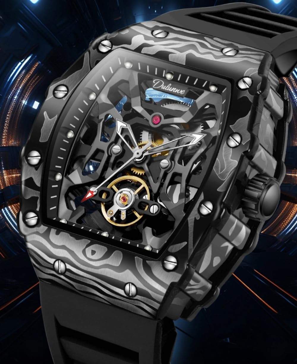 Innovative schwarze hohle Skelett-Herrenuhr, automatisch, mechanisch, Gehäuse aus Kohlefaser, Gehäuse aus Legierung, Tourbillon-Armbanduhr, leuchtendes Silikonband, wasserdicht