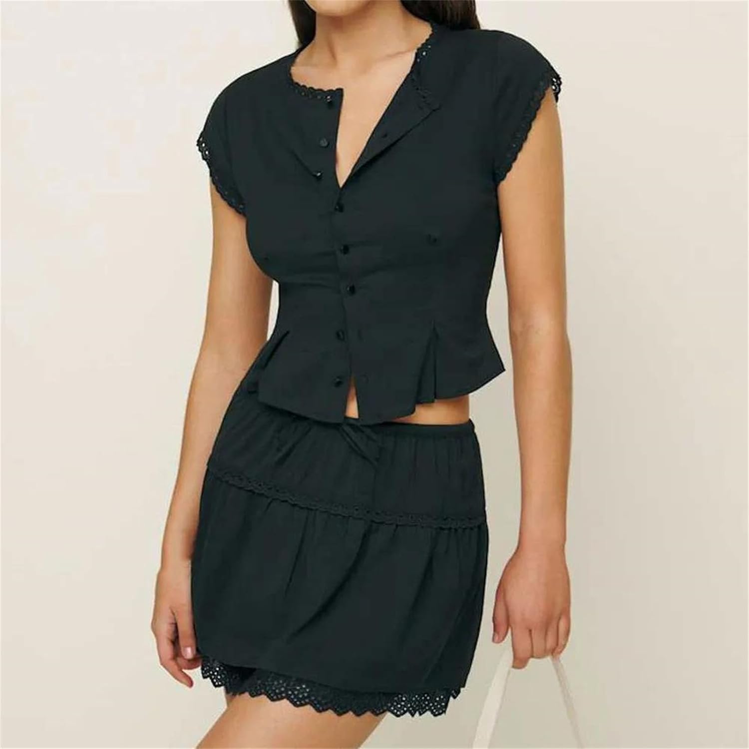 Women's Black Lace Set - Spliced Neckline Top & Bow Waist A-Line Mini Skirt for Night Out
