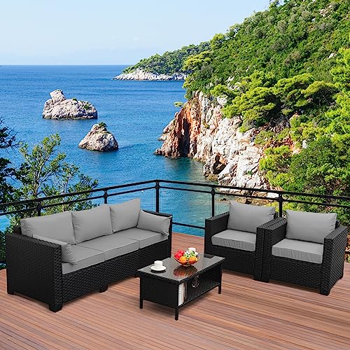 Lviden 4 Pieces Patio Pe Wicker Sofa Sets Outdoor Rattan Conversation Furniture Set Sectional Couch With Table And Grey Cushions #TOP1