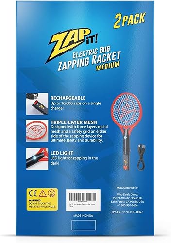 Miniatura 9 de Zap It Bug Zapper - Raqueta mata mosquitos recargable de 4000 voltios, cable de carga USB, Paquete de 2