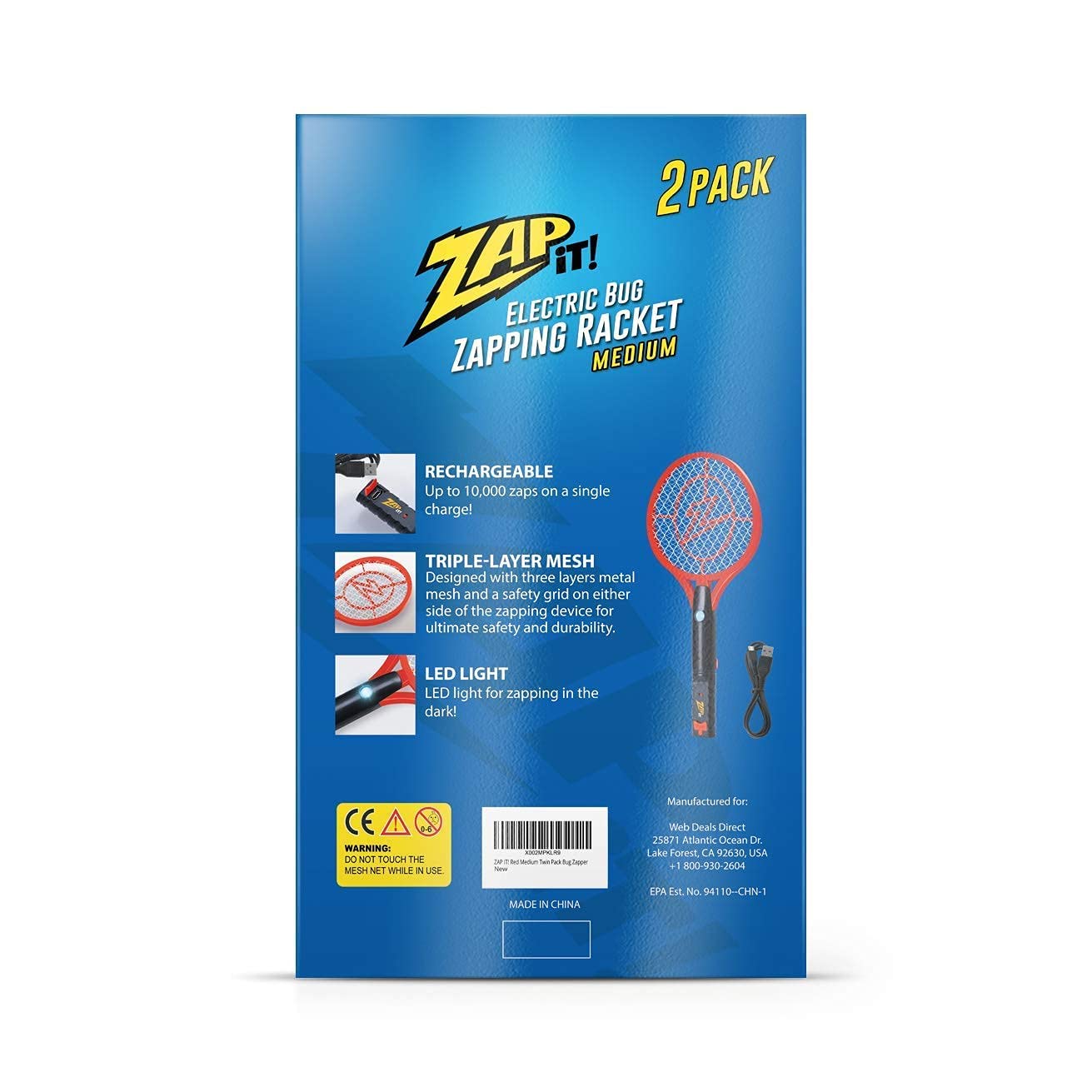 Zap It Bug Zapper - Raqueta de matamoscas recargable, matamoscas eléctrico, exterminador de mosquitos, 4,000 voltios, cable de carga USB, paquete de 2 (mediano, rojo) | Matamoscas de alto voltaje, matamoscas recargable, luz LED, función de carga USB