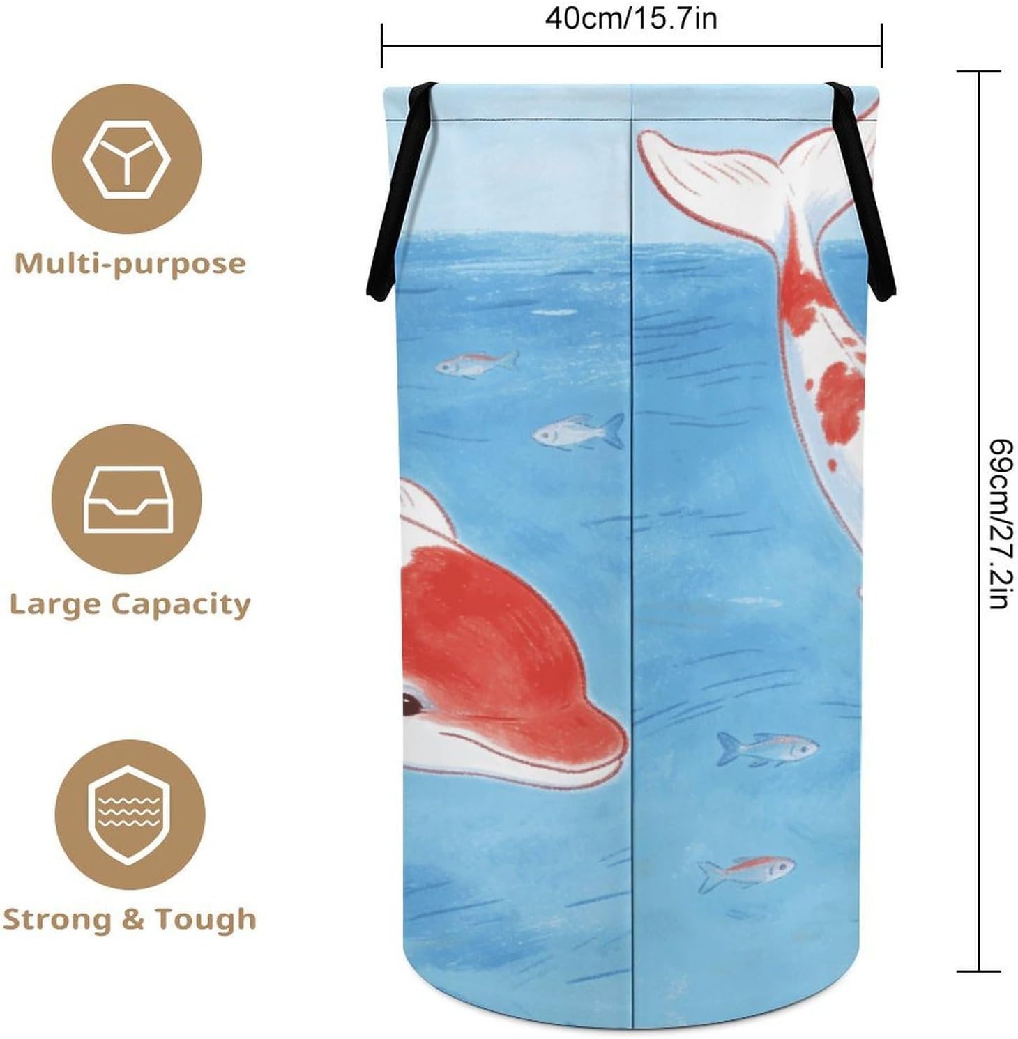 Red And White Dolphins Laundry Hamper with Handles Waterproof Collapsible Laundry Basket Large Lightweight Round Dirty Clothes Hamper for Home Dorm Bathroom Decor