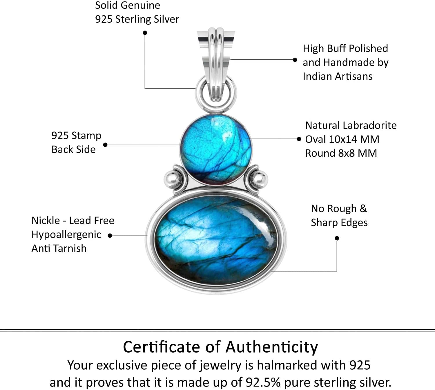 Handmade Genuine 925 Sterling Silver Pendant Necklace Natural Gemstone Crystal, Lapis, Onyx, Amber Oval Round Boho Jewelry For Women