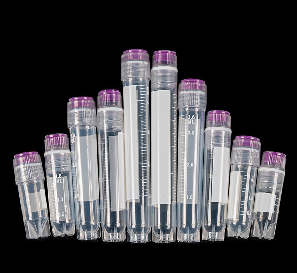 100 PCS Cryogenic Sample Storage Vials, 1ml/2ml/3ml/4ml/5ml Cryovials, Inner/Outer Spiral Thread, with Side Coded Tag, Purple Cap, PP Material (Inner Spiral Thread, 3mL - 100PCS)