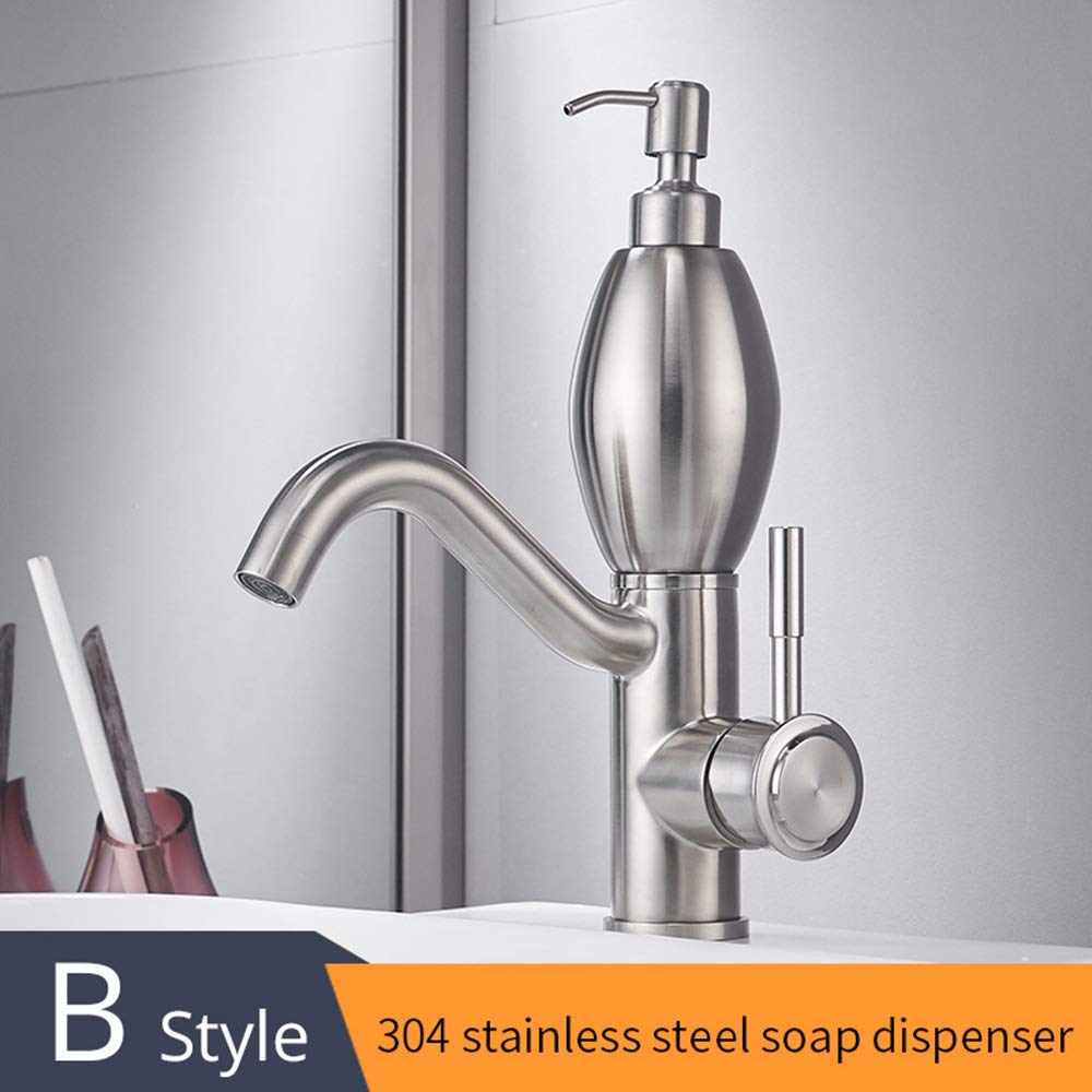 Creativo Rubinetto Lavabo Bagno con Acqua Calda e Fredda 304 Acciaio Inossidabile Nichel Spazzolato Montato Sul Ponte Rubinetti per Lavandini Bagno con Distributore di Sapone per Hotel, Cucina,B