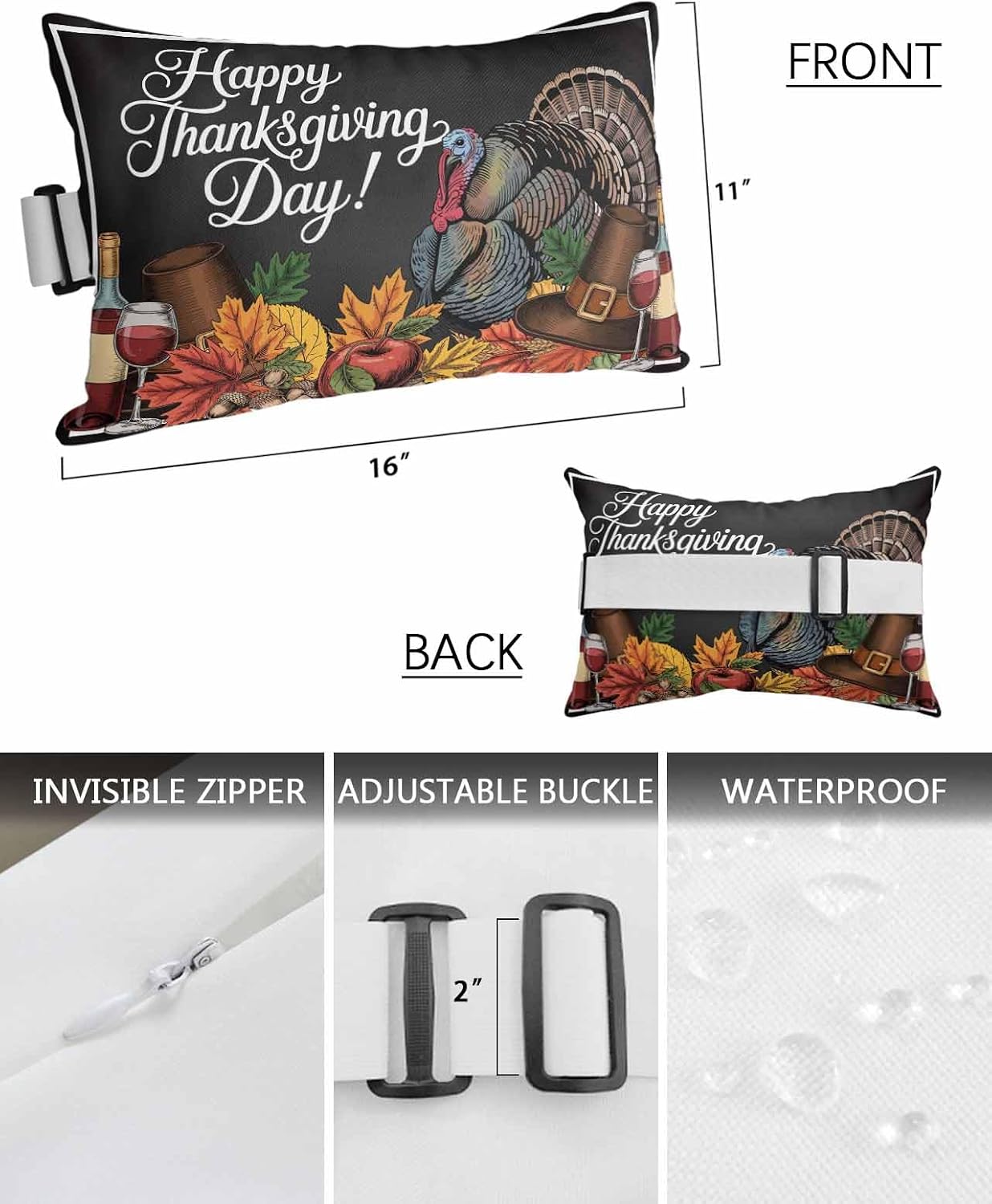 Pack of 2 Simple Drawn Turkey Harvest Leaves Lumbar Pillow Covers, Outdoor Waterproof Throw Pillow Covers Set, Black Happy Thanksgiving Day Decorative Cushion Case for Patio Beach, 11x16 Inch