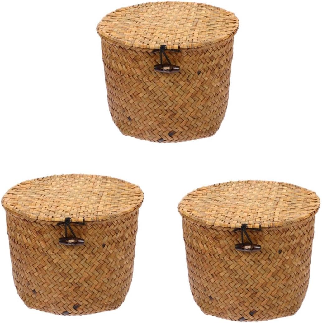 Cabilock 3pcs Decorative Woven Storage Baskets for Home Organization Baskets Lid for Desk Kitchen and Bathroom Multi-Functional Tabletop Decor and Storage