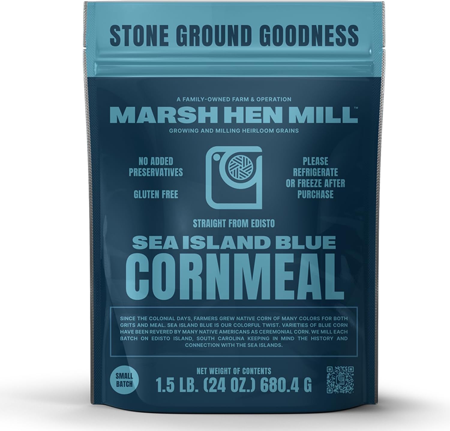 Marsh Hen Mill Sea Island Blue Cornmeal | Corn with Floral Aroma | Perfect Stone Ground Cornmeal for Corn Bread | Traditional Blue Corn Flour | 100% Natural & Gluten Free, 24 oz (Pack of 1)