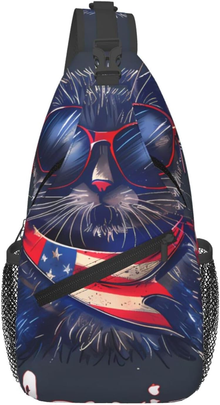 Meowica Patriotic Cat 4th Of July Fashionable And Casual Diagonal Chest Bag Portable Backpack
