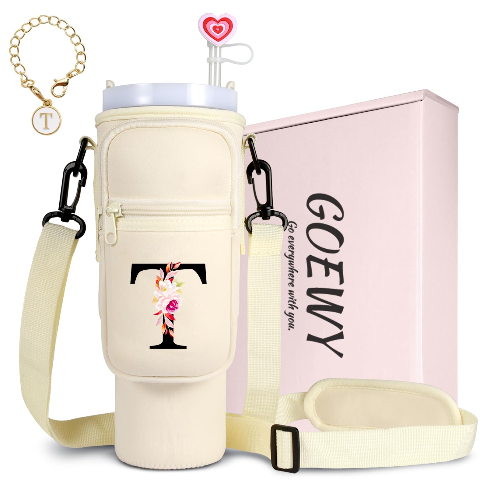 GOEWY Initial Water Bottle Carrier Bag for Stanley 40/30 oz Tumbler Personalized Stanley Cup Accessories Gift Set for Women Girls