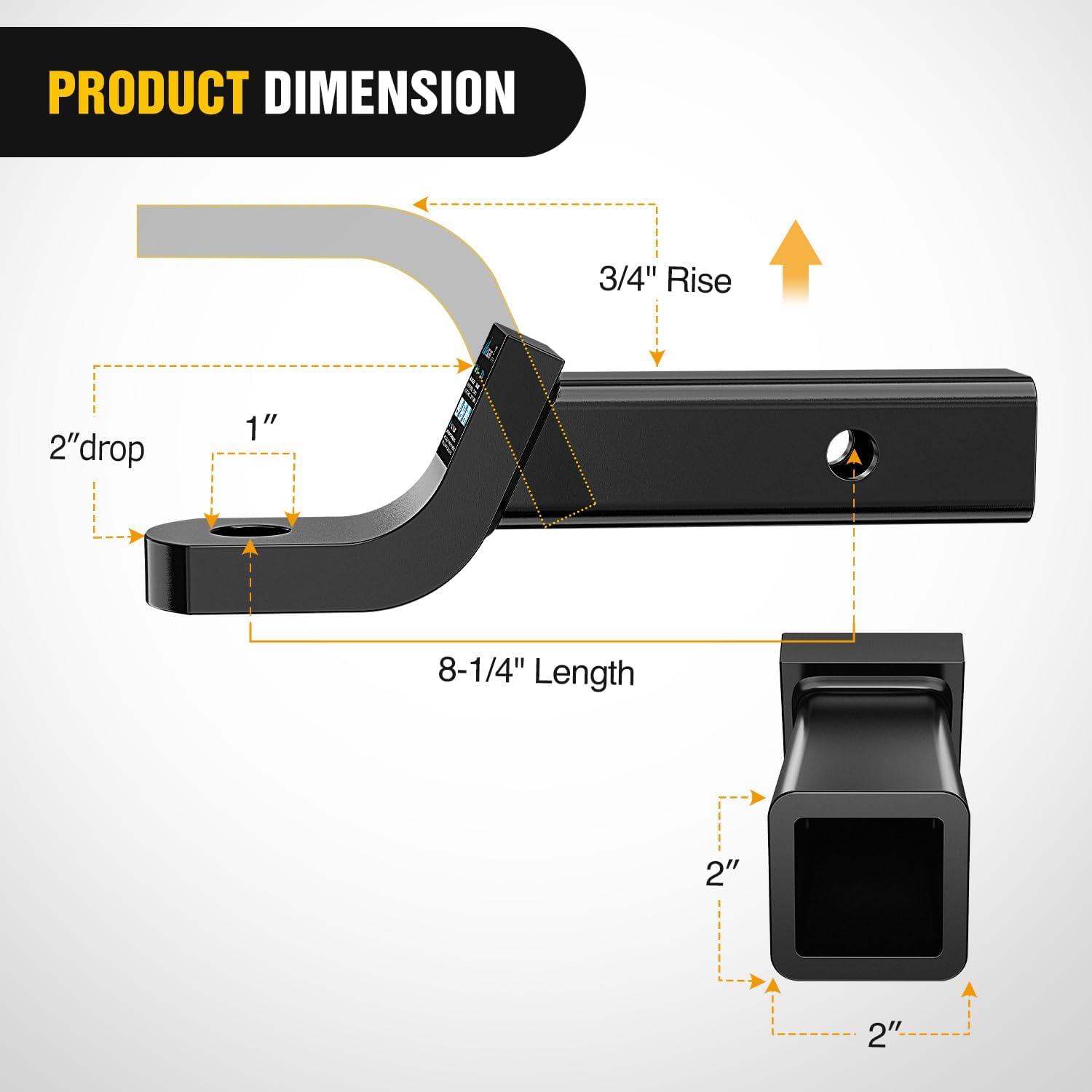 nilight trailer hitch ball mount with 5/8" hitch pin clip fits 2 inch receiver square 7500 lbs 2" drop, 3/4” rise, 1” hole, gloss black powder coat trailer hitch 2" receiver / 2" drop / 3/4" rise