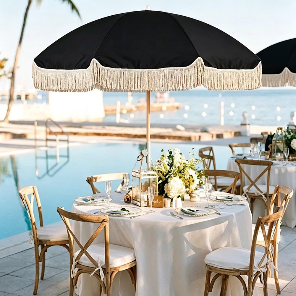 200 cm Czarny Parasol Plażowy Boho z Frędzlami, Składany Parasol Ogrodowy Ochrona UV z Drewnianym Drążkiem do Stołu, Basenu, Tarasowy