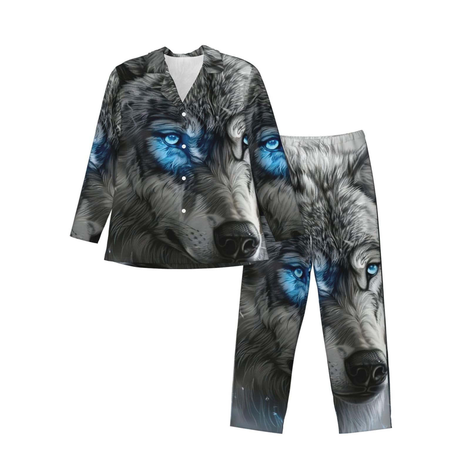 Blue Eyes Lupo Stampa Uomo Manica Lunga Pigiama Set Due Pezzi Pantaloni Lounge Per Inverno Autunno Primavera Estate