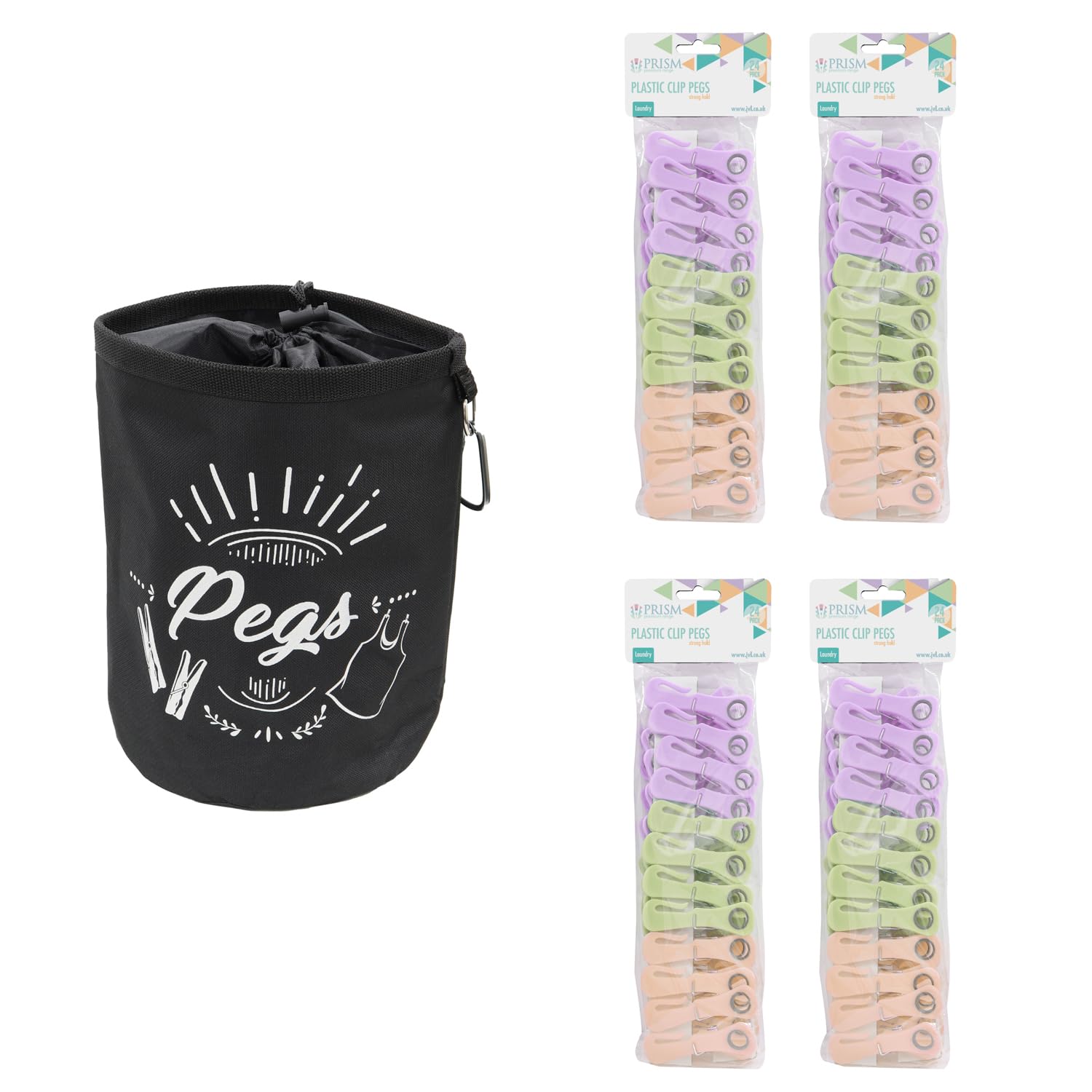 JVL Large Black Peg Bag with 96 Plastic Clip Clothes Pegs – Hanging Peg Storage – Assorted Colours