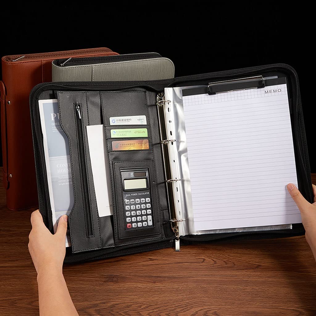IBOWZ Cartella per Documenti in Pelle A4 Padfolio con Blocco Note con Custodia con Cerniera, Cartella di Presentazione e 4 Tasche Raccoglitore ad Anelli per Biglietti passaporto per Un Amico