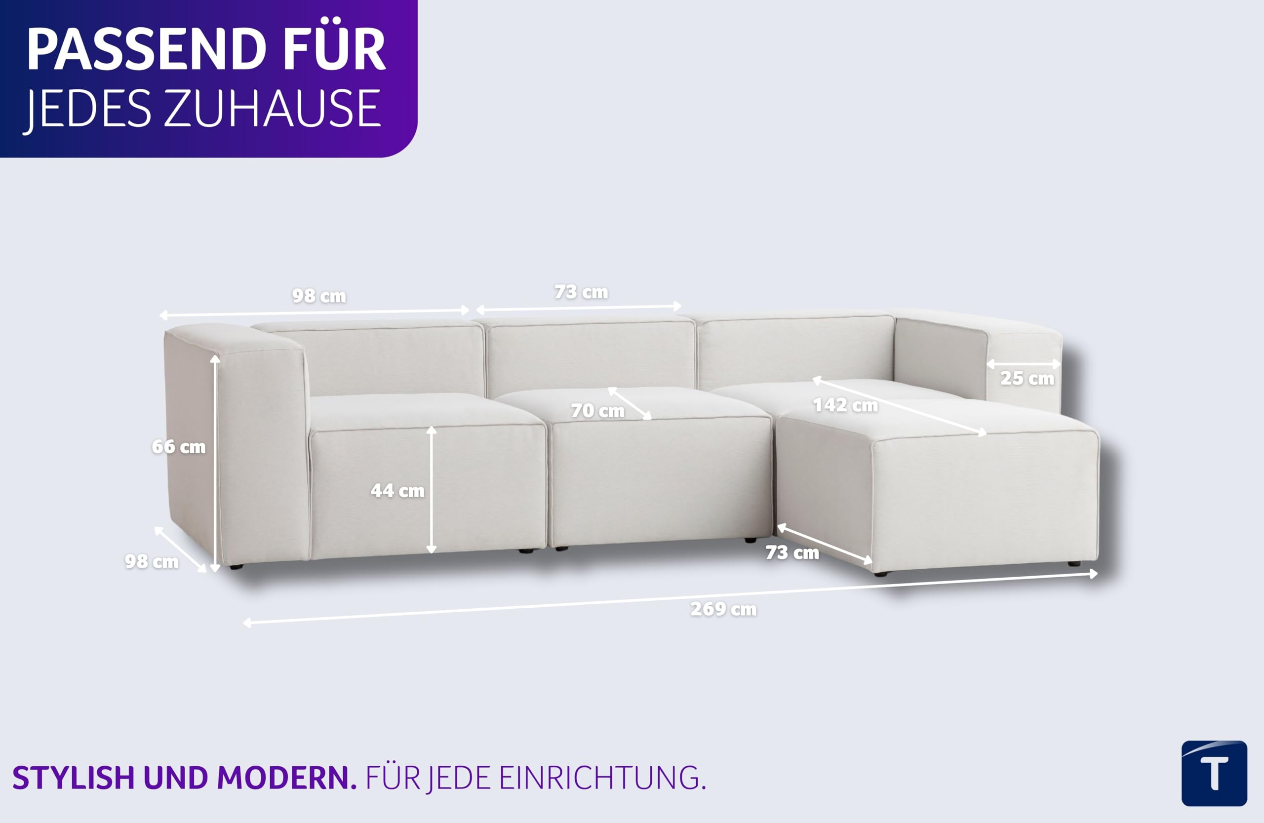 Traumnacht Genua Modular Sofa, individuell kombinierbare Wohnlandschaft, Sitzelement ohne Armteil - strapazierfähiges Möbelgewebe, produziert nach deutschem Qualitätsstandard, weiß