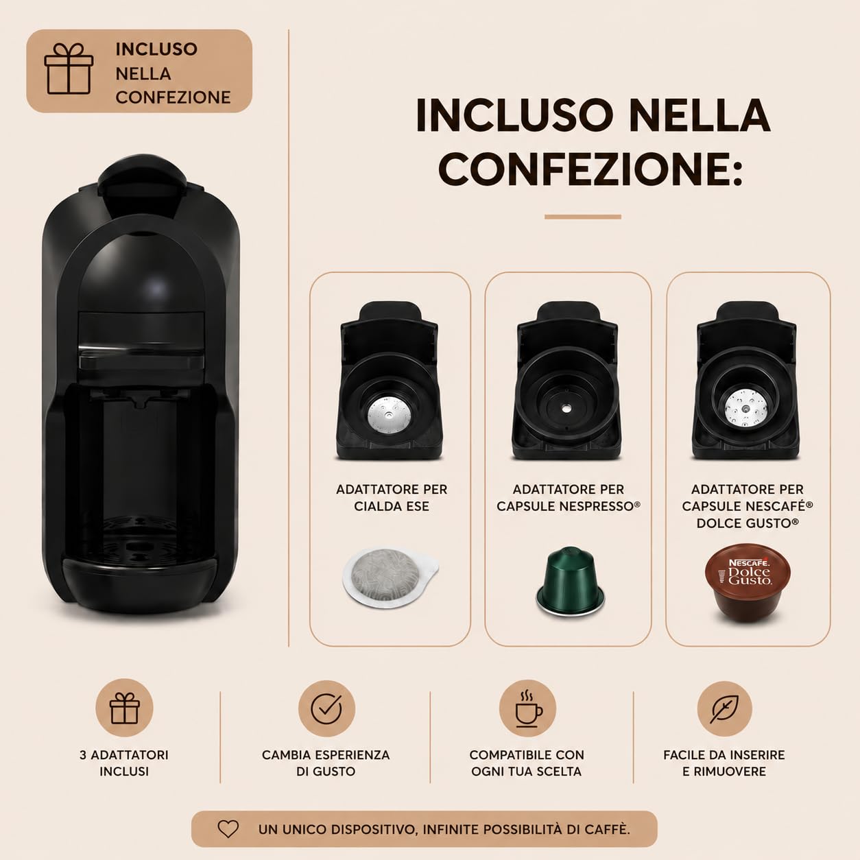 DIGIQUEST Ekspres do kawy COFFY BLACK 3 w 1 kompatybilny z kapsułkami Nespresso® i Nescafé® Dolce Gusto® | Krótka i długa kawa | Moc 1450 W | 0,6 litra | 19 barów
