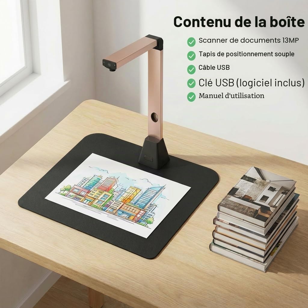 Scanner Document A3 Portable: 13MP Haute Définition OCR Caméra Automatique avec LED Intégrée USB Compatible Windows (Non Mac) Usage Bureau Maison Éducation Entreprise