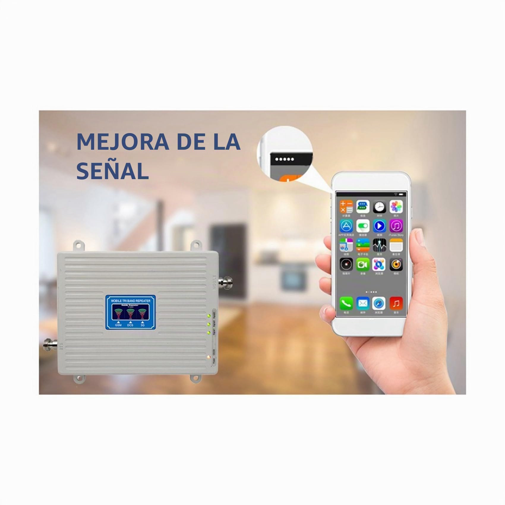 Amplificador Faeymth 2G 3G 4G 5G De Triple Banda 900/1800/2100MHz – Cobertura Hasta 500m², Enchufe UE
