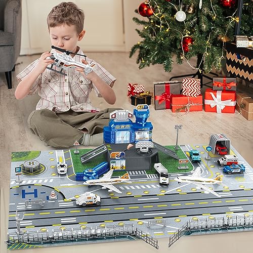Airport Aircraft Vehicles Toy Set for Kids - with Game Mats 2 Plane Helicopter Luggage Cars Fire Trucks Race Cars, Birthday Gift Early Learning Playset for 3 4 5 6 7 8 Years Old Toddlers Boys & Girls - Thumbnail 6